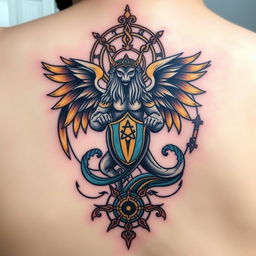 An artistic tattoo design symbolizing protection, featuring a powerful guardian figure such as a mythical creature or an angel, surrounded by elements that convey safety and strength