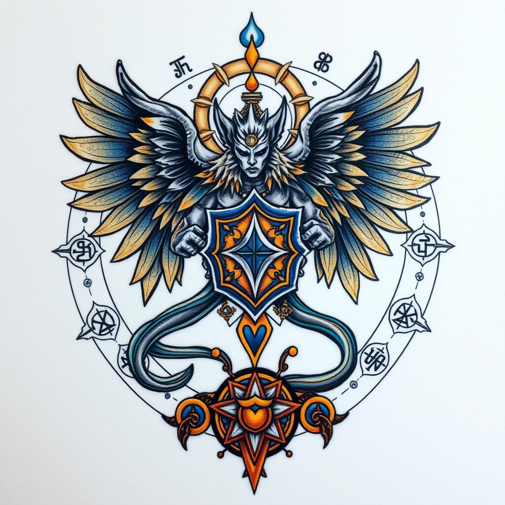 An artistic tattoo design symbolizing protection, featuring a powerful guardian figure such as a mythical creature or an angel, surrounded by elements that convey safety and strength