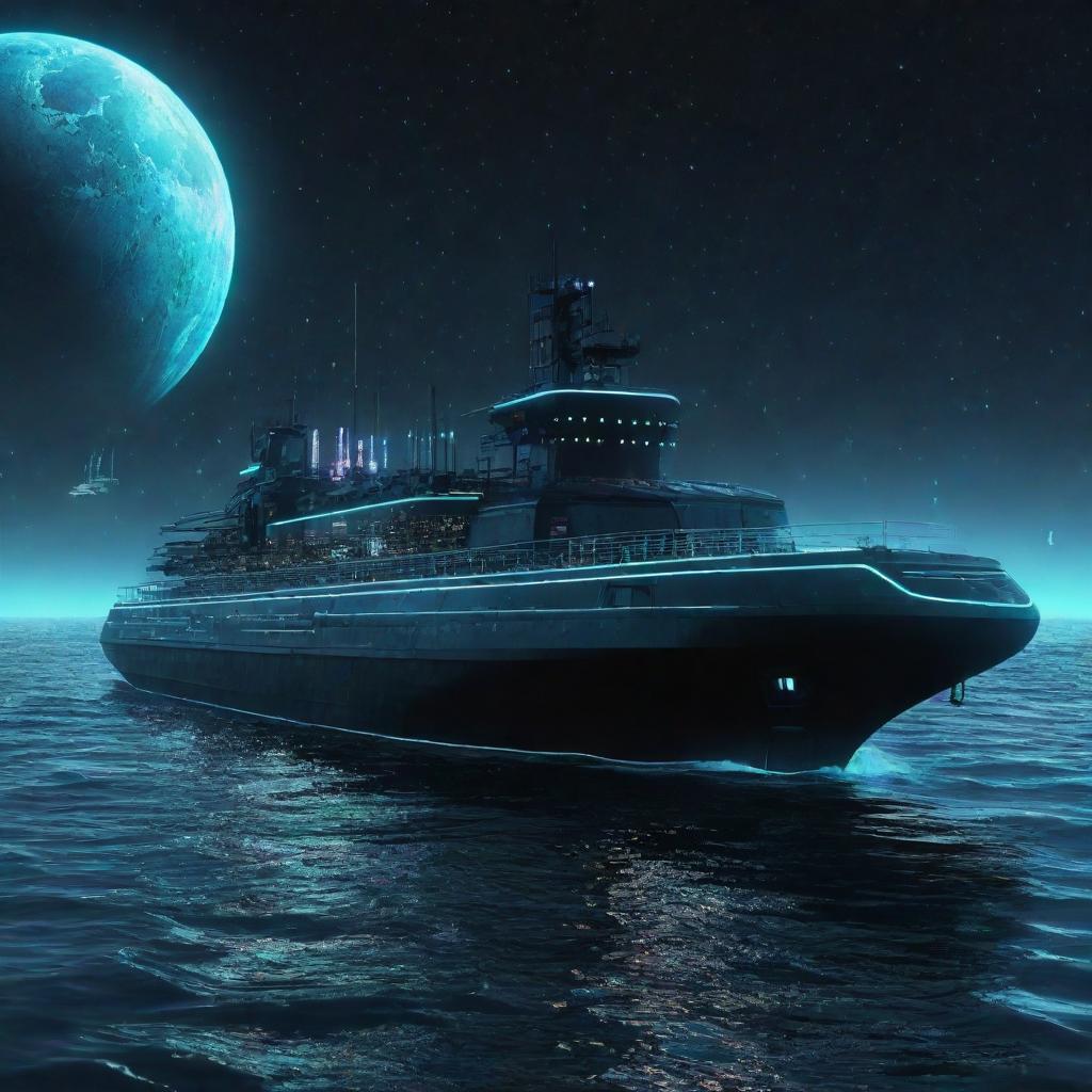 A futuristic cyberpunk tanker, equipped with neon light circuits, holographic data screens, and cybernetic warheads, sailing through a phosphorescent sea under a sky studded with digital constellations.