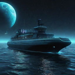 A futuristic cyberpunk tanker, equipped with neon light circuits, holographic data screens, and cybernetic warheads, sailing through a phosphorescent sea under a sky studded with digital constellations.