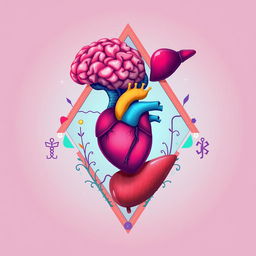 A vibrant and illustrative image depicting a brain, heart, and liver creatively positioned inside a triangle