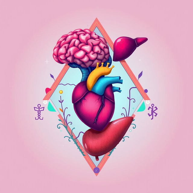 A vibrant and illustrative image depicting a brain, heart, and liver creatively positioned inside a triangle