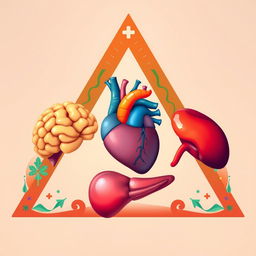 A vibrant and illustrative image depicting a brain, heart, and liver creatively positioned inside a triangle