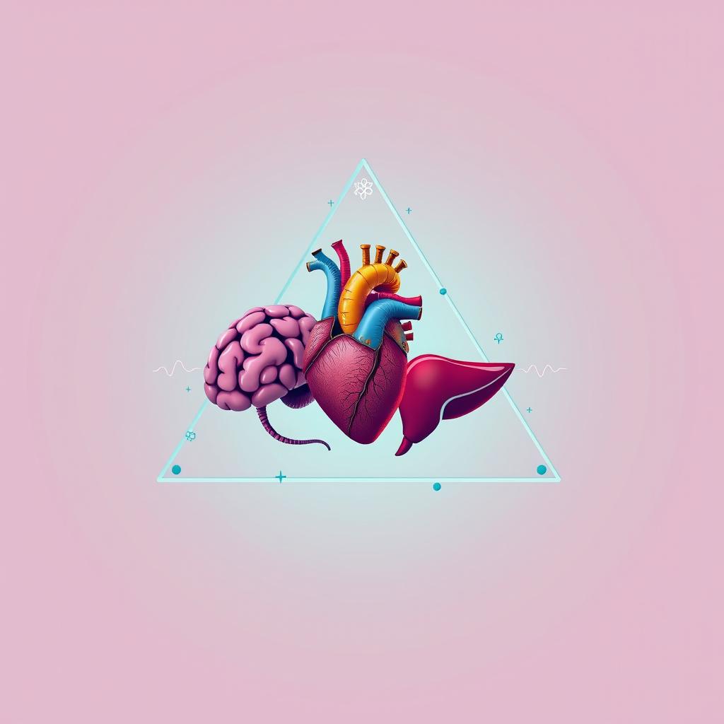 A vibrant and illustrative image depicting a brain, heart, and liver creatively positioned inside a triangle