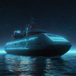 A futuristic cyberpunk tanker, equipped with neon light circuits, holographic data screens, and cybernetic warheads, sailing through a phosphorescent sea under a sky studded with digital constellations.