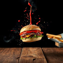 Dynamic flying food photography featuring a burger as the main subject, showcasing splashes of toppings and seasonings, especially visible splashes of ketchup