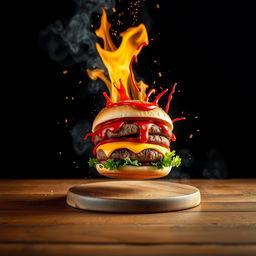 Dynamic flying food photography featuring a burger as the main subject, showcasing splashes of toppings and seasonings, especially visible splashes of ketchup