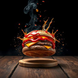 Dynamic flying food photography featuring a burger as the main subject, showcasing splashes of toppings and seasonings, especially visible splashes of ketchup