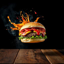 Dynamic flying food photography featuring a burger as the main subject, showcasing splashes of toppings and seasonings, especially visible splashes of ketchup