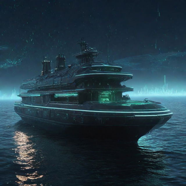 A futuristic cyberpunk tanker, equipped with neon light circuits, holographic data screens, and cybernetic warheads, sailing through a phosphorescent sea under a sky studded with digital constellations.