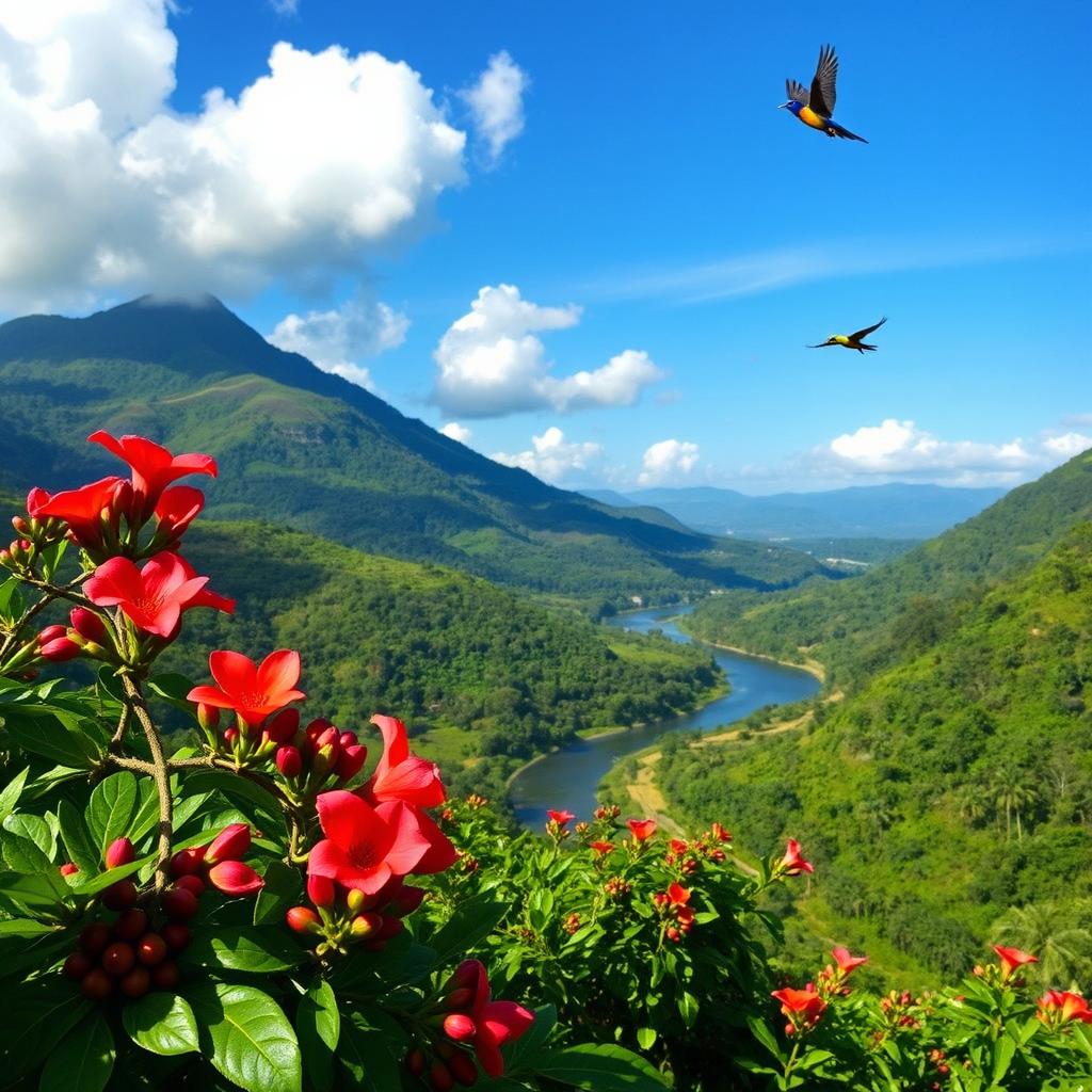 A breathtaking view of Boquete, Panama, showcasing its lush, green mountains and vibrant flowers in full bloom