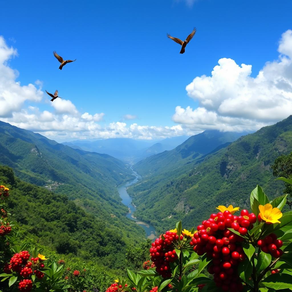 A breathtaking view of Boquete, Panama, showcasing its lush, green mountains and vibrant flowers in full bloom