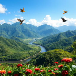 A breathtaking view of Boquete, Panama, showcasing its lush, green mountains and vibrant flowers in full bloom