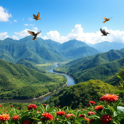 A breathtaking view of Boquete, Panama, showcasing its lush, green mountains and vibrant flowers in full bloom