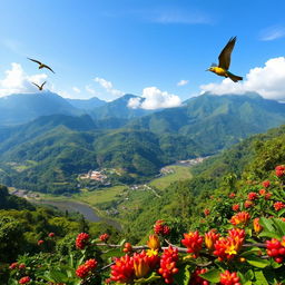 A breathtaking view of Boquete, Panama, showcasing its lush, green mountains and vibrant flowers in full bloom