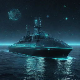 A futuristic cyberpunk tanker, equipped with neon light circuits, holographic data screens, and cybernetic warheads, sailing through a phosphorescent sea under a sky studded with digital constellations.