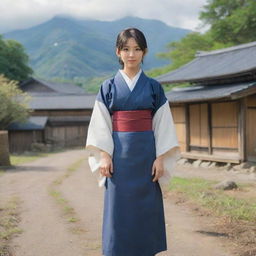 A strong and respected female anime character, posing as the leader of a rural village. She stands with confidence and decisiveness in her traditional Japanese attire, the village surroundings evident in the background.