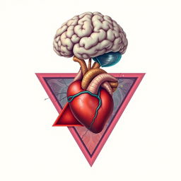 An artistic illustration, featuring a large brain situated above a heart triangle that is oriented in the center, with a liver triangle positioned to the left of the heart