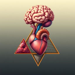 An artistic illustration, featuring a large brain situated above a heart triangle that is oriented in the center, with a liver triangle positioned to the left of the heart