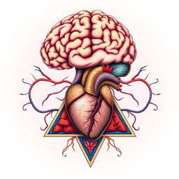 An artistic illustration, featuring a large brain situated above a heart triangle that is oriented in the center, with a liver triangle positioned to the left of the heart