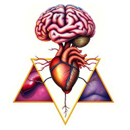 An artistic illustration, featuring a large brain situated above a heart triangle that is oriented in the center, with a liver triangle positioned to the left of the heart