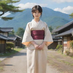 A strong and respected female anime character, posing as the leader of a rural village. She stands with confidence and decisiveness in her traditional Japanese attire, the village surroundings evident in the background.