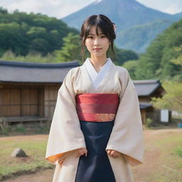 A strong and respected female anime character, posing as the leader of a rural village. She stands with confidence and decisiveness in her traditional Japanese attire, the village surroundings evident in the background.