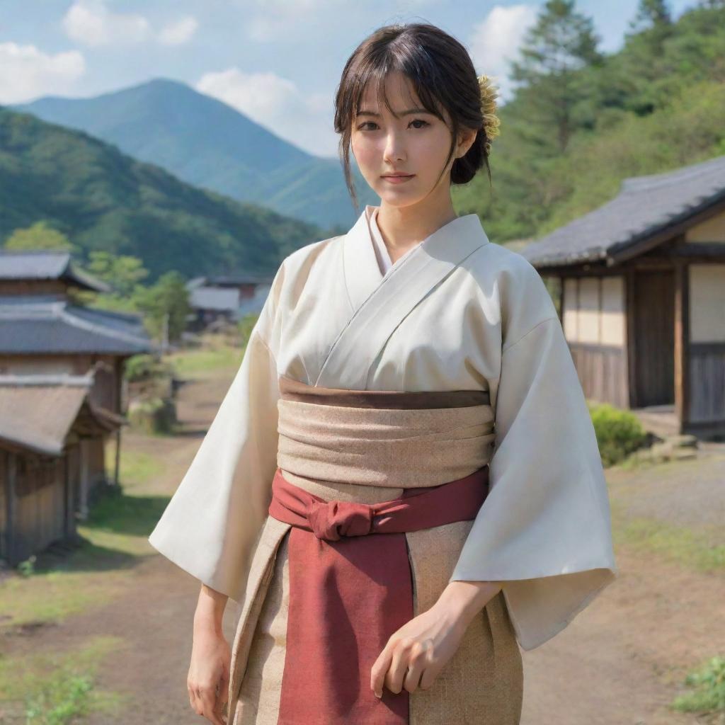 A strong and respected female anime character, posing as the leader of a rural village. She stands with confidence and decisiveness in her traditional Japanese attire, the village surroundings evident in the background.