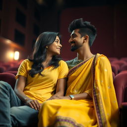 A close-up scene capturing an Indian boy and a girl in a theatre setting, both appearing comfortable and intimate