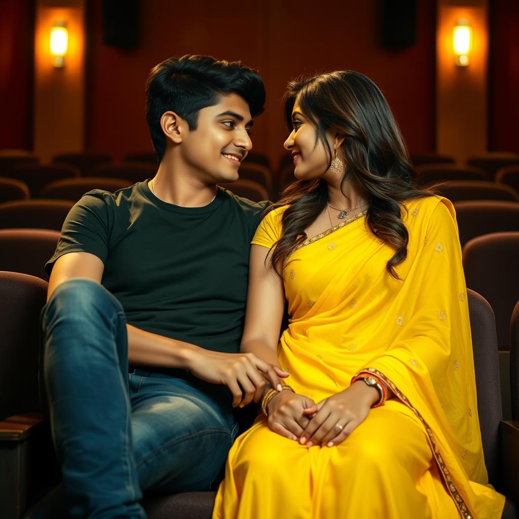 A close-up scene capturing an Indian boy and a girl in a theatre setting, both appearing comfortable and intimate