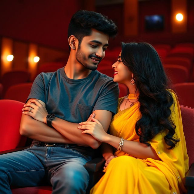 A close-up scene capturing an Indian boy and a girl in a theatre setting, both appearing comfortable and intimate