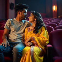 A close-up scene capturing an Indian boy and a girl in a theatre setting, both appearing comfortable and intimate