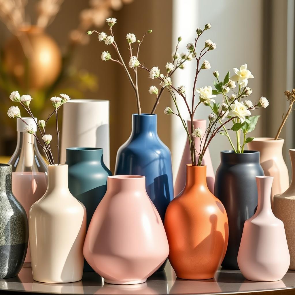 A close-up arrangement of modern vases, showcasing a variety of unique, contemporary designs