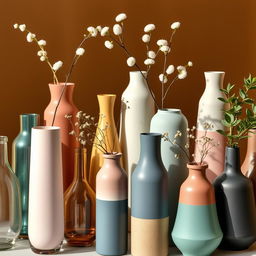 A close-up arrangement of modern vases, showcasing a variety of unique, contemporary designs