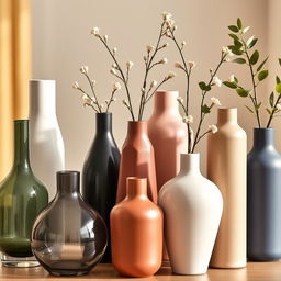 A close-up arrangement of modern vases, showcasing a variety of unique, contemporary designs