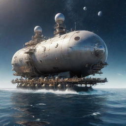 An innovative atompunk tanker, festooned with atomic symbols, satellite-style antennas, and domed reactors, cutting through a sea of floating atomic particles under a sky swirling with galaxies and pulsars.