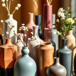 A close-up arrangement of modern vases, showcasing a variety of unique, contemporary designs