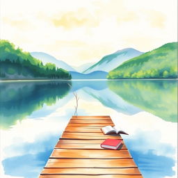 A serene lakeside scene painted in vibrant watercolors, featuring a tranquil lake surrounded by lush green trees and soft mountains in the background