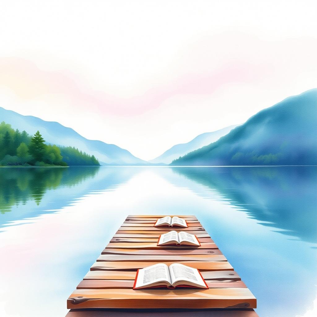 A serene lakeside scene painted in vibrant watercolors, featuring a tranquil lake surrounded by lush green trees and soft mountains in the background