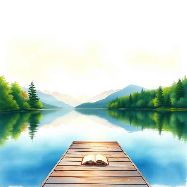 A serene lakeside scene painted in vibrant watercolors, featuring a tranquil lake surrounded by lush green trees and soft mountains in the background