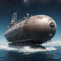 An innovative atompunk tanker, festooned with atomic symbols, satellite-style antennas, and domed reactors, cutting through a sea of floating atomic particles under a sky swirling with galaxies and pulsars.