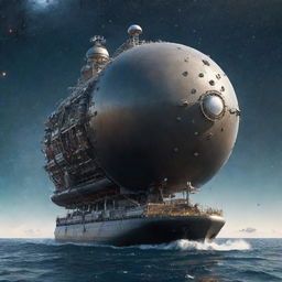 An innovative atompunk tanker, festooned with atomic symbols, satellite-style antennas, and domed reactors, cutting through a sea of floating atomic particles under a sky swirling with galaxies and pulsars.