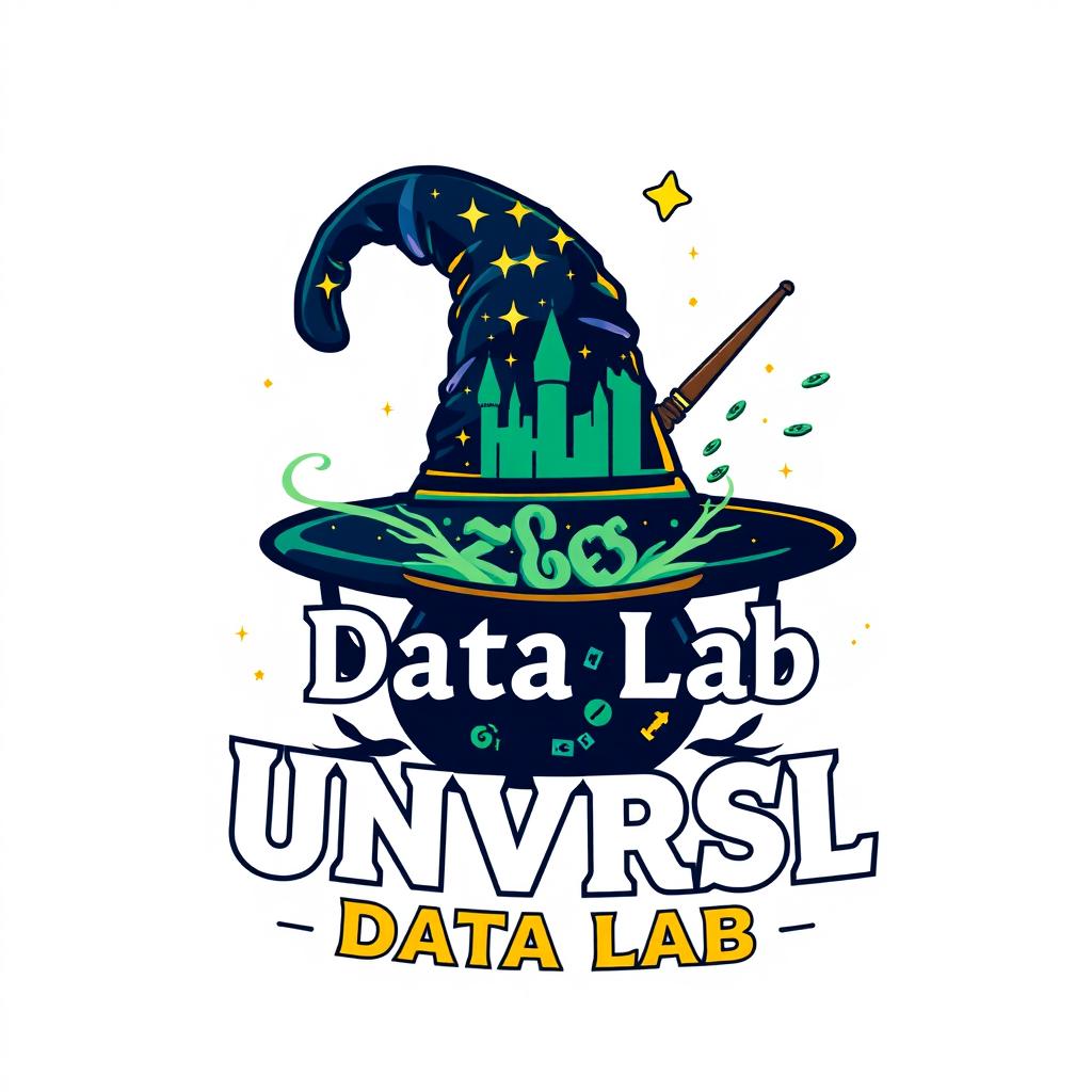 A captivating logo design for an Instagram account named "UNVRSL Data Lab" that focuses on analyzing data, metrics, and numbers related to Universal Theme Parks globally, infused with Harry Potter themes