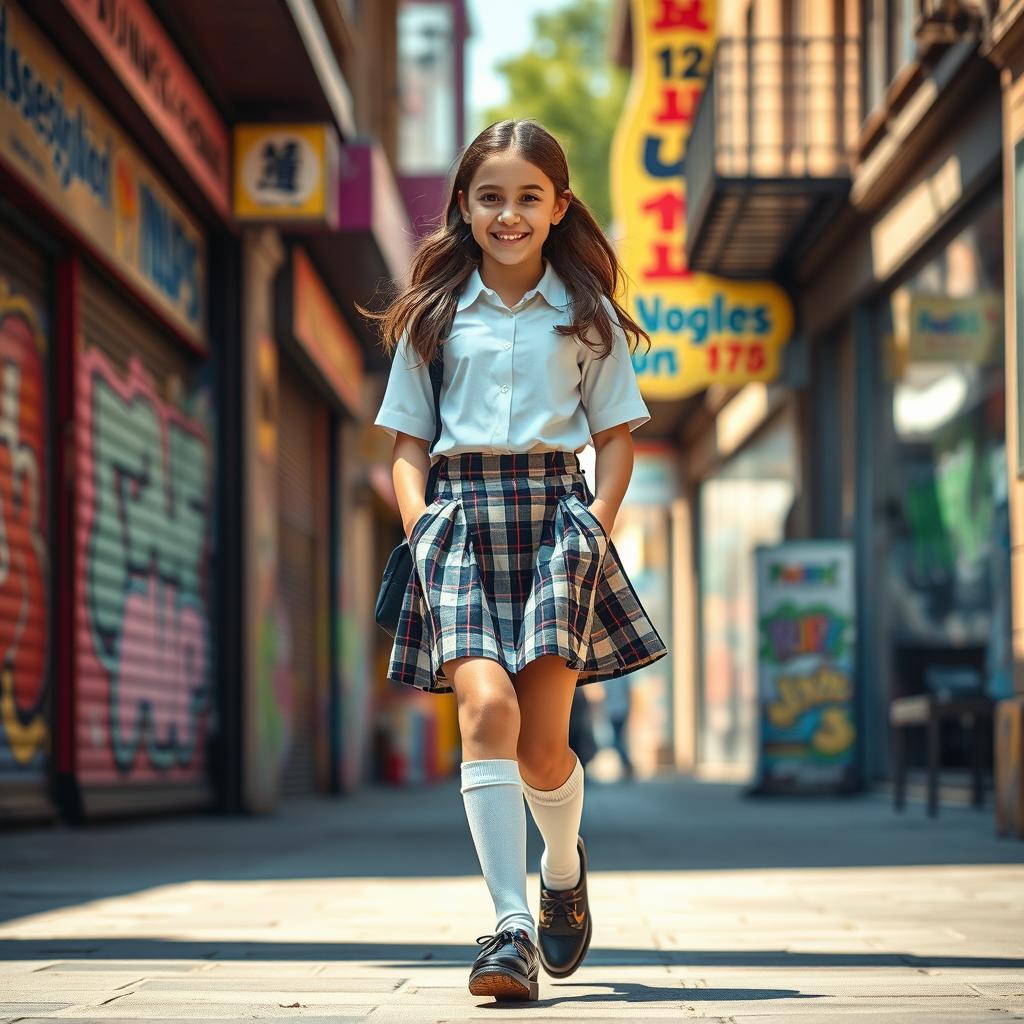 A candid-style photograph capturing the essence of youthful fashion, featuring a stylish schoolgirl walking down a vibrant city street