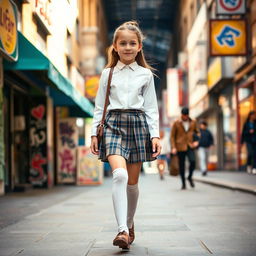 A candid-style photograph capturing the essence of youthful fashion, featuring a stylish schoolgirl walking down a vibrant city street