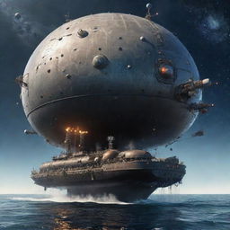 An innovative atompunk tanker, festooned with atomic symbols, satellite-style antennas, and domed reactors, cutting through a sea of floating atomic particles under a sky swirling with galaxies and pulsars.