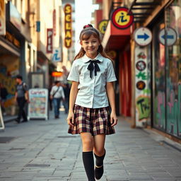 A candid-style photograph capturing the essence of youthful fashion, featuring a stylish schoolgirl walking down a vibrant city street