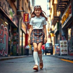 A candid-style photograph capturing the essence of youthful fashion, featuring a stylish schoolgirl walking down a vibrant city street