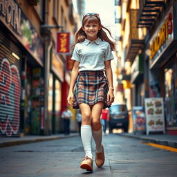 A candid-style photograph capturing the essence of youthful fashion, featuring a stylish schoolgirl walking down a vibrant city street