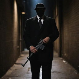 A mafia gangster wearing a mouth cover and carrying an assault rifle, standing in a dimly lit alley.